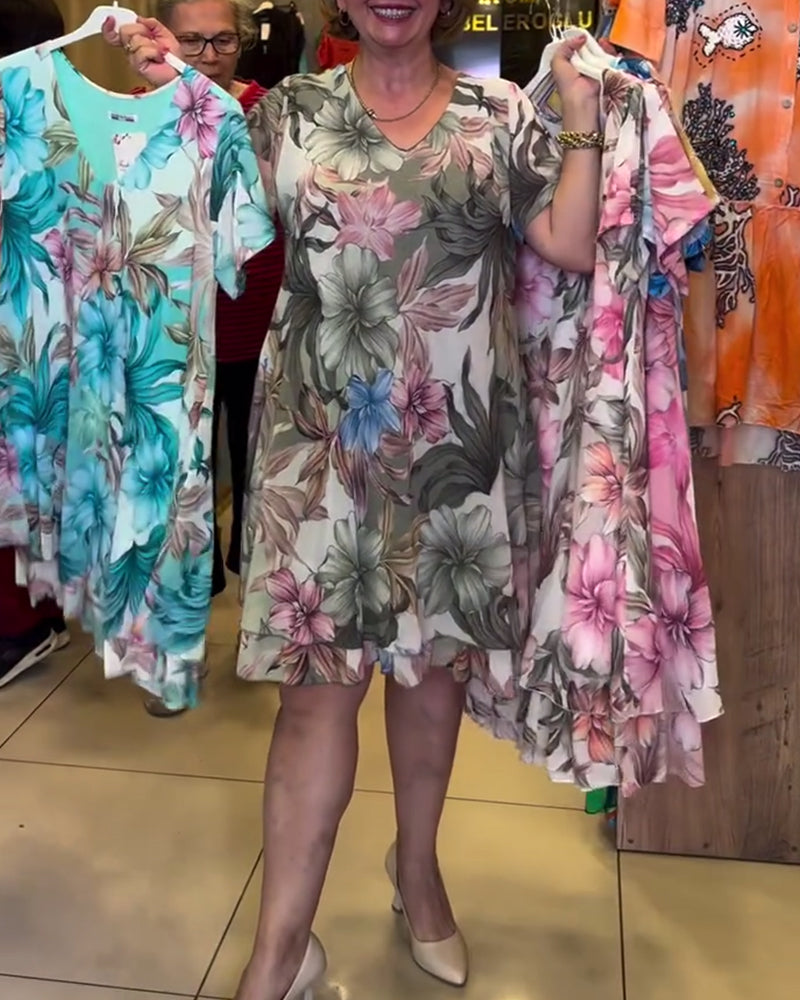 V-Neck Floral Short-Sleeved Print Dress