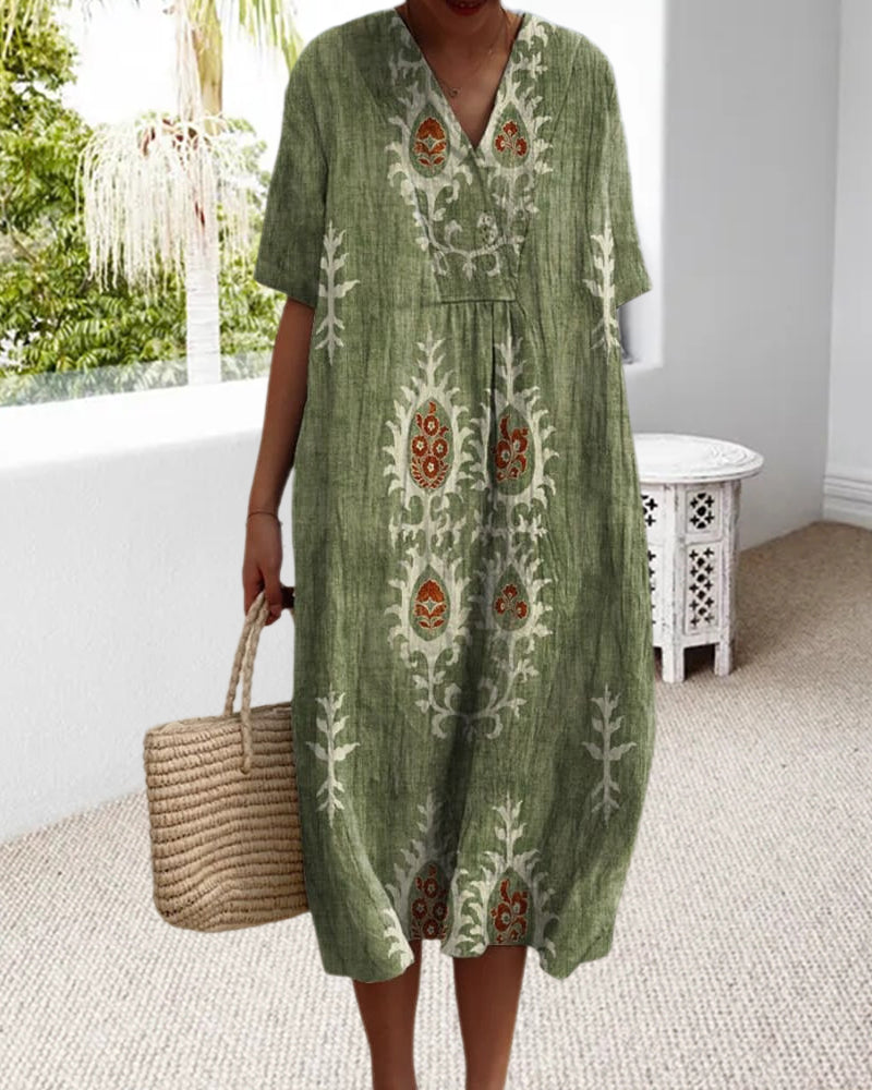 V-neck retro printed loose dress casual dresses summer