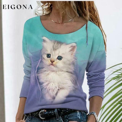 Elegant Cat Print T-Shirt Light Green Best Sellings clothes Plus Size Sale tops Topseller