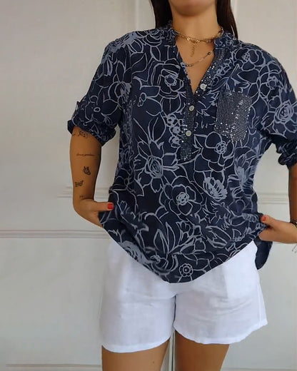 V-Neck Button-Down Printed Blouse