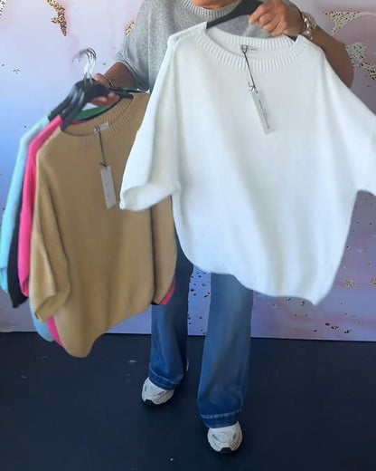 Casual loose solid color round neck pullover