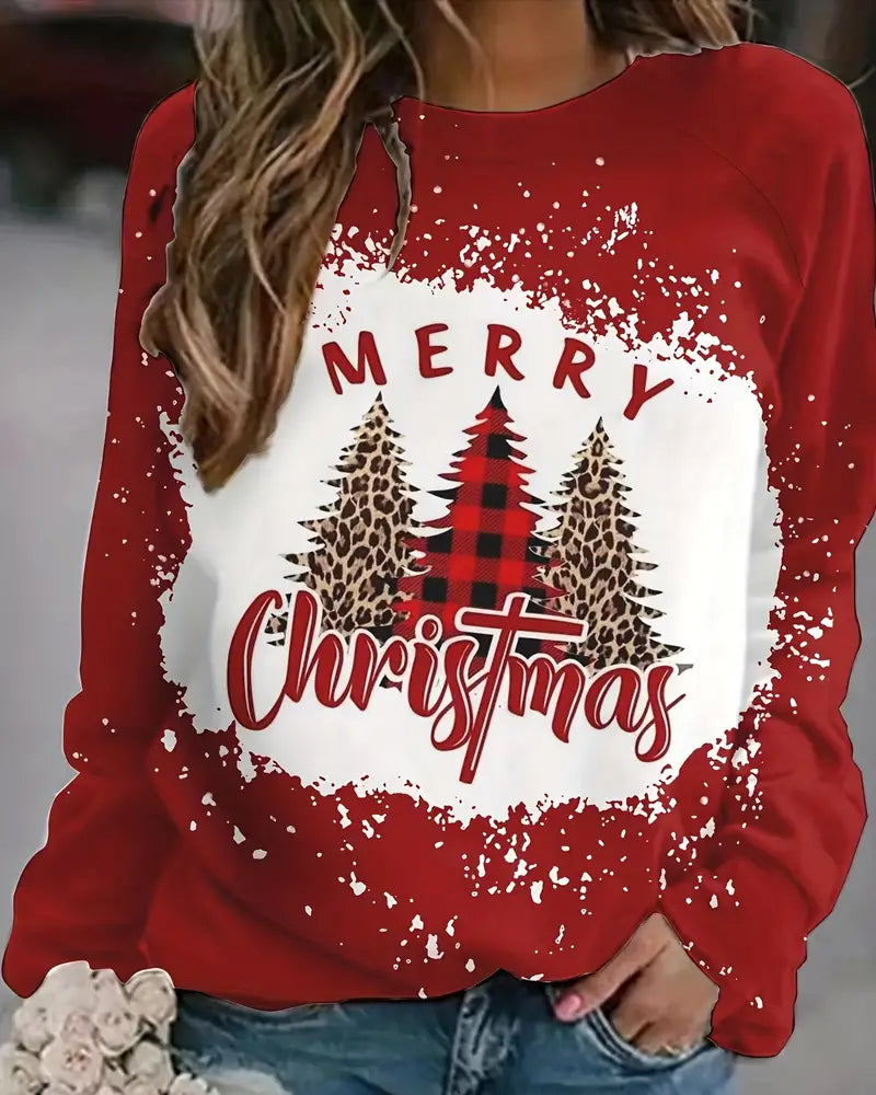 Cozy Plus Size Christmas Tree Print Long Sleeve Sweatshirt 2024 f/w christmas sweatshirts