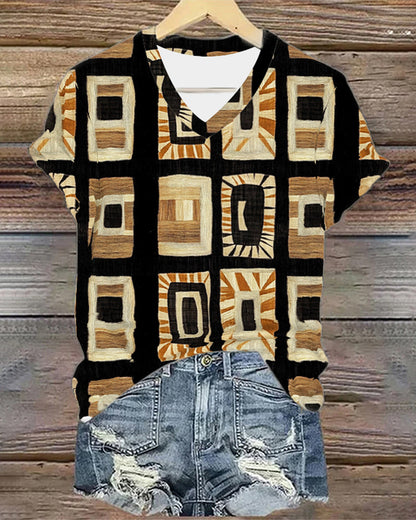 Geometric print V-neck casual T-shirt 2024 f/w summer t-shirts Western Style