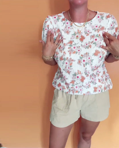 Round Neck Floral Short Sleeve Blouse