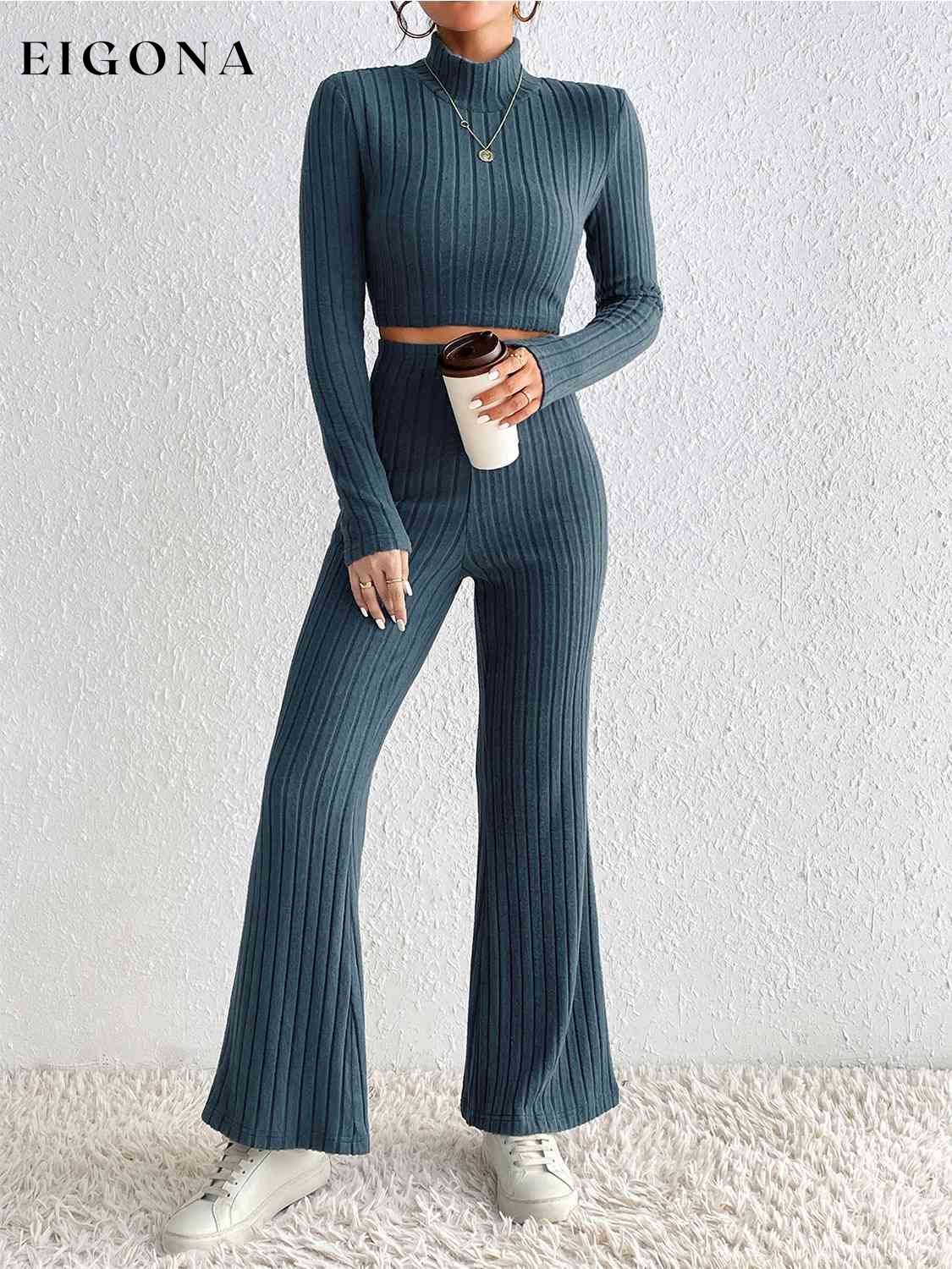 Ribbed Mock Neck Cropped Sweater & High Waist Pants Set clothes HS Ship From Overseas