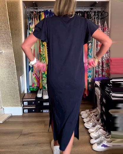 Lässiges Kleid mit Buchstabendruck, Rüschenärmeln und Schlitz