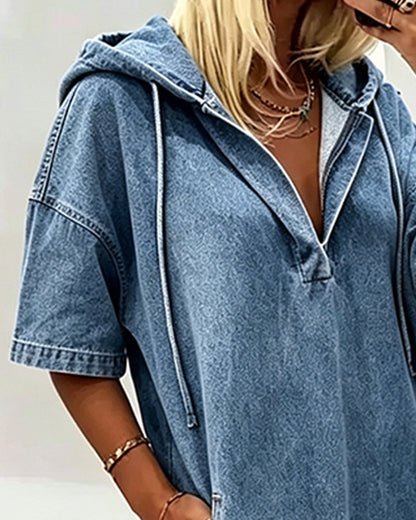 Hooded Lace-Up Denim Casual Dress