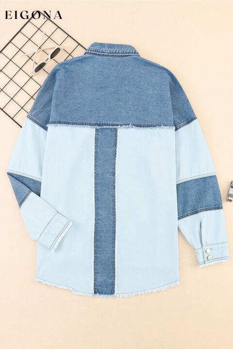Raw Hem Button Up Color Block Denim Jacket with Breast Pockets clothes long sleeve shirts long sleeve top long sleeve tops Ship From Overseas shirt shirts SYNZ top tops