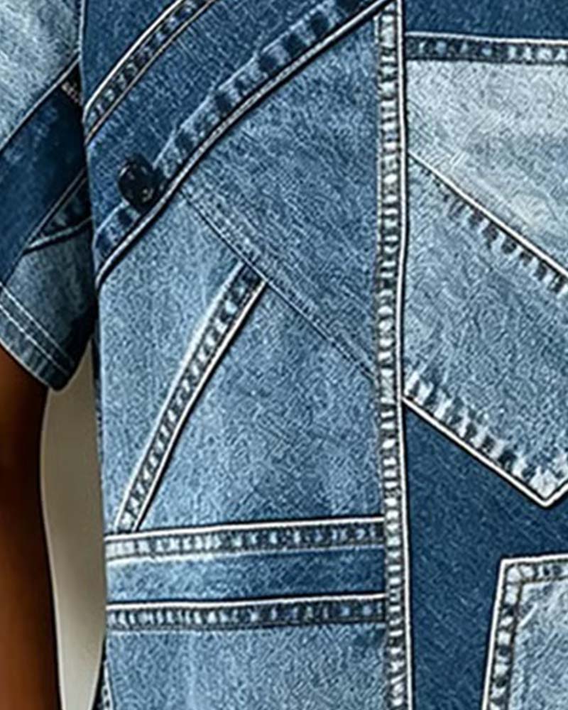 Denim Patchwork Print Short Sleeve T-Shirt
