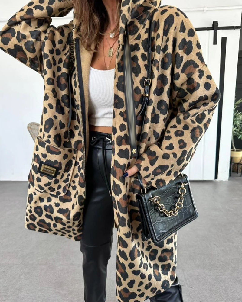 Casual leopard print pocket hooded coat 2024 f/w coats