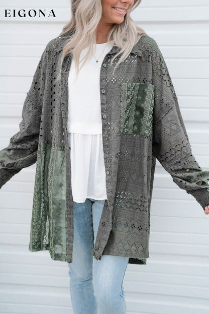 Duffel Green Eyelet Pattern Patchwork Oversized Button Up Shacket All In Stock clothes Craft Embroidery long sleeve shirt long sleeve shirts long sleeve top long sleeve tops Outerwear Print Solid Color Season Fall & Autumn shirt shirts Style Western top tops