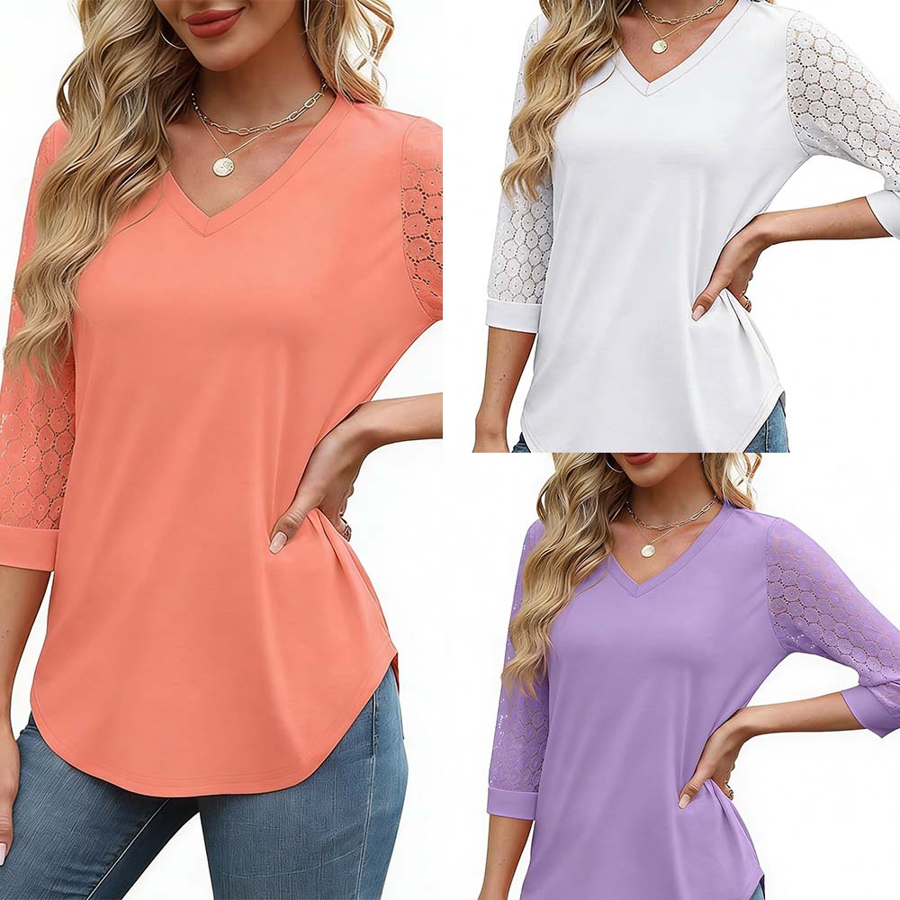 Hollow Three-Quarter Sleeve Solid Color Top Set