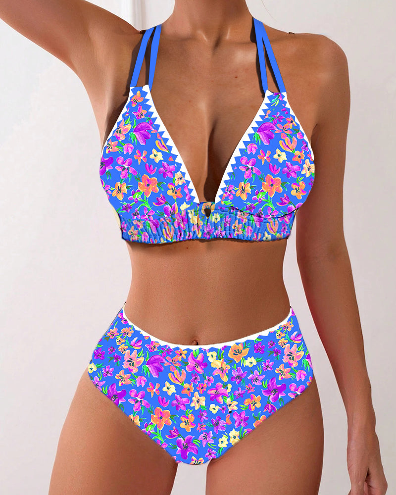 Sexy Bikini mit V-Ausschnitt und Blumenmuster