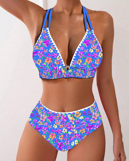 Sexy Bikini mit V-Ausschnitt und Blumenmuster