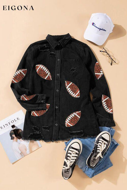 Sequin Football Patch Snap Down Distressed Jacket clothes Ship From Overseas SYNZ