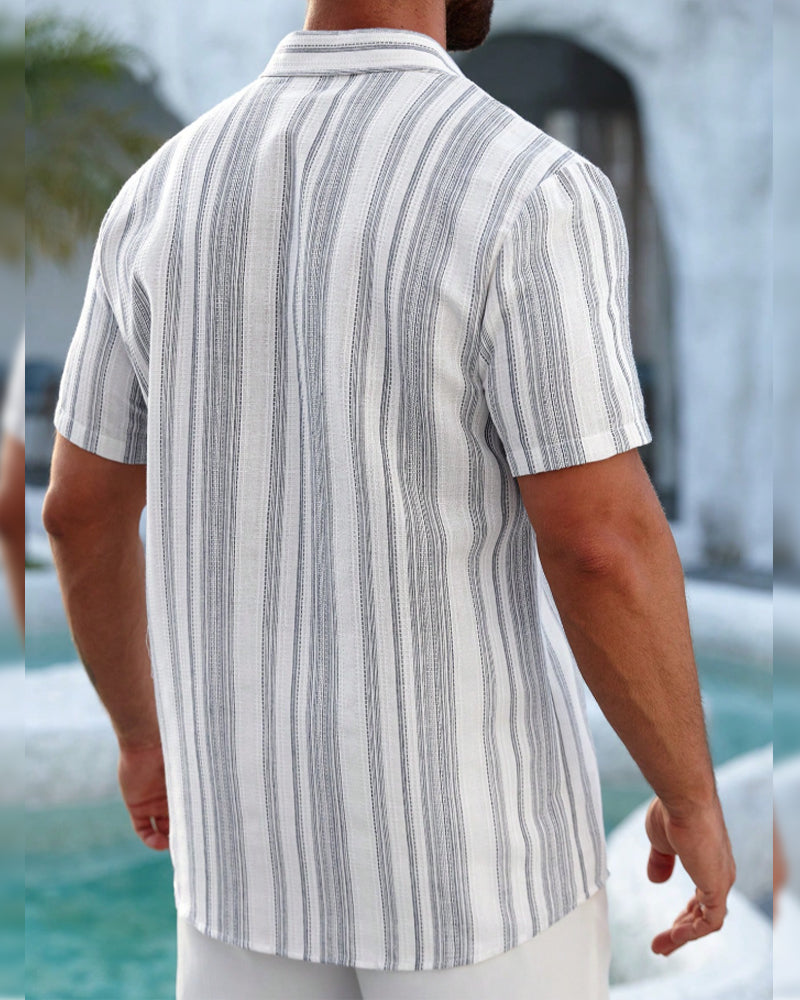 Men's Lapel Striped Button-Front Short Sleeve Shirt