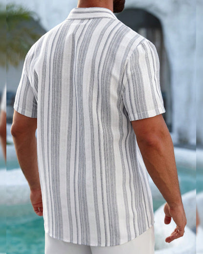 Men's Lapel Striped Button-Front Short Sleeve Shirt