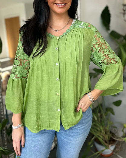 Loose Lace Floral Panel Blouse