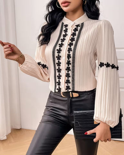 Elegant Lace Patchwork Balloon Sleeve Blouse