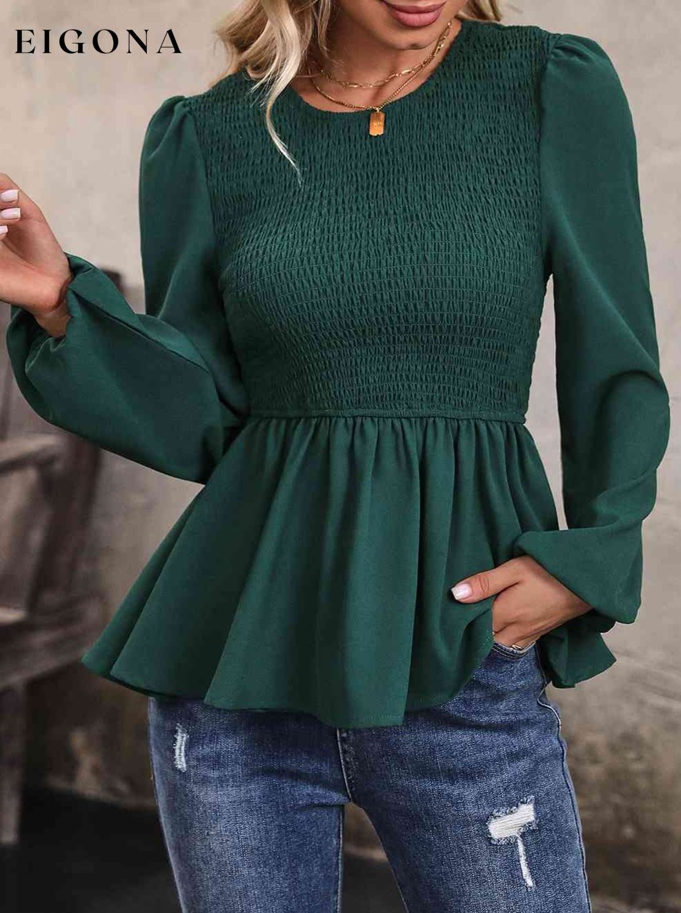 Round Neck Smocked Balloon Sleeve Top Green clothes Hundredth Ship From Overseas