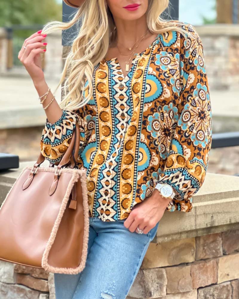 Retro printed lantern sleeve blouse 2024 f/w blouses & shirts spring