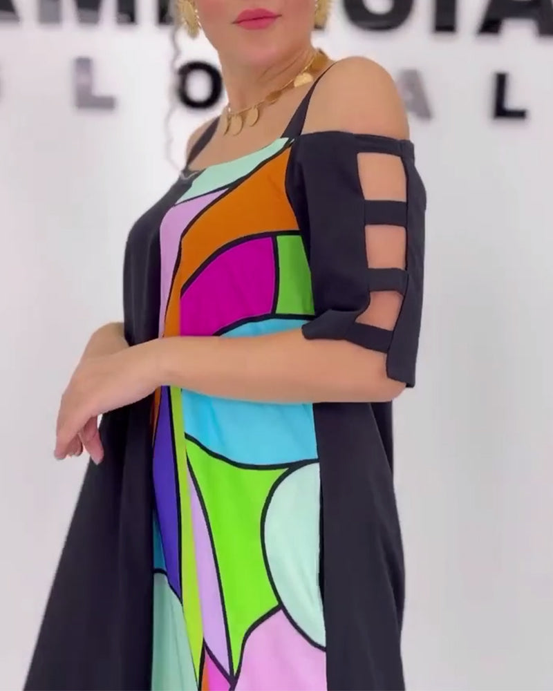 Off-Shoulder Contrast Print Loose Dress