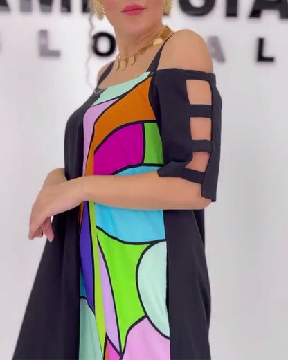 Off-Shoulder Contrast Print Loose Dress