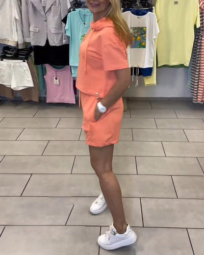 Sports Hooded Solid Color Shorts Set