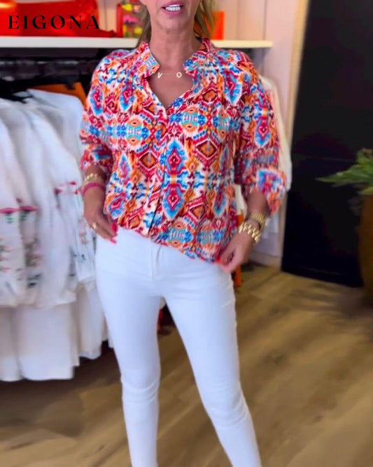 Colorful printed v-neck long-sleeve top Blouses & Shirts Spring Summer