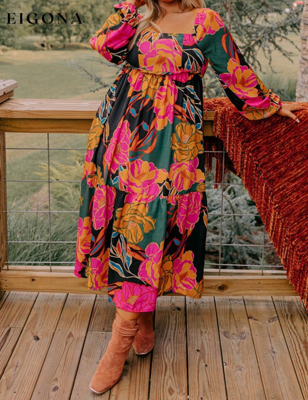 Multicolour Floral Print Square Neck High Waist Plus Size Dress casual dresses clothes Color Multicolor Color Orange Color Pink dress dresses long sleeve dress long sleeve dresses maxi dress midi dress midi dresses Occasion Daily Print Floral Season Spring Style Southern Belle