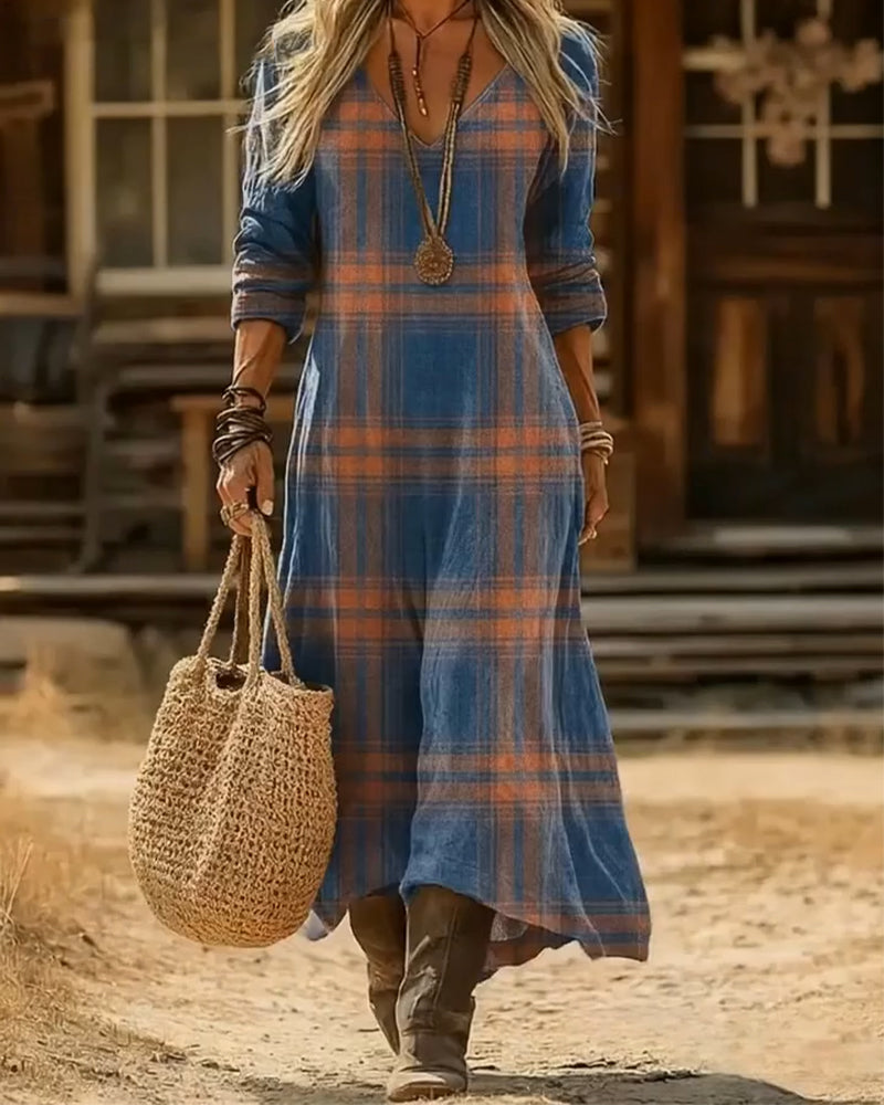 V-Neck Plaid Dress