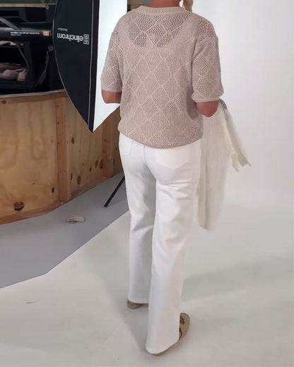 Round Neck Solid Color Hollow Pullover