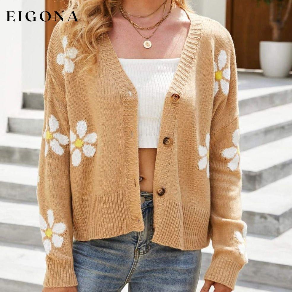 Floral Ribbed Trim Drop Shoulder Cardigan Camel cardigan cardigans clothes Ship From Overseas sweater sweaters Yh