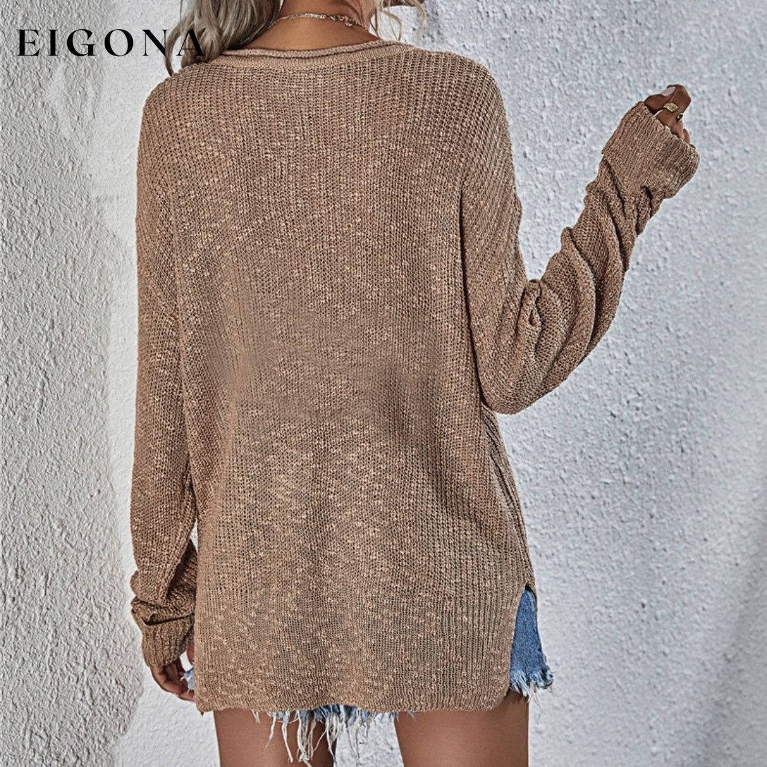 Notched Neck Slit Knit Top clothes J&Q long sleeve shirt long sleeve shirts long sleeve top long sleeve tops Ship From Overseas Shipping Delay 09/29/2023 - 10/04/2023 shirt shirts top tops
