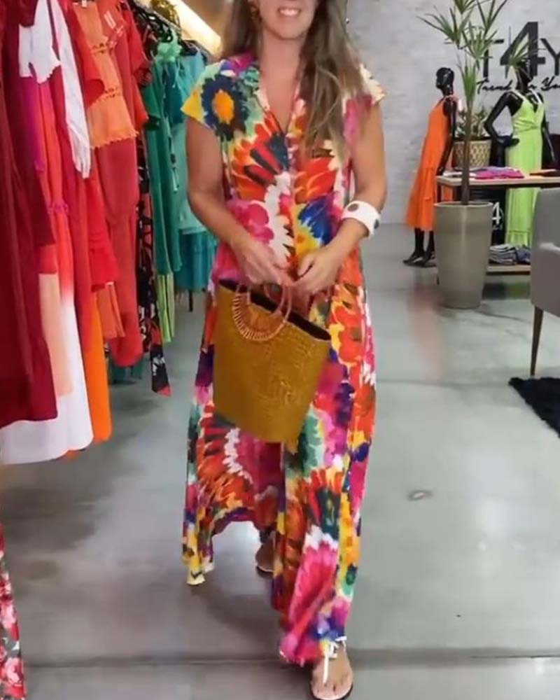 Colorful Floral Print Pocket Dress