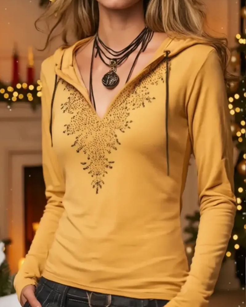 Hooded Casual Long-Sleeved Printed Top
