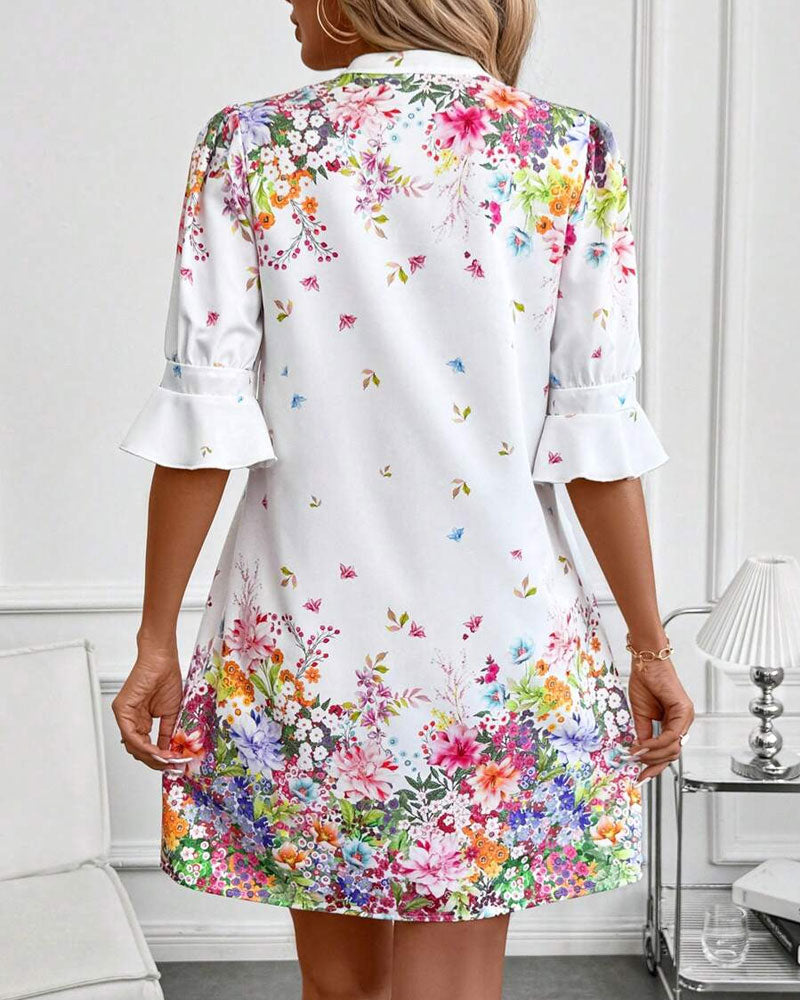 V-Neck Puff Sleeve Printed Dress