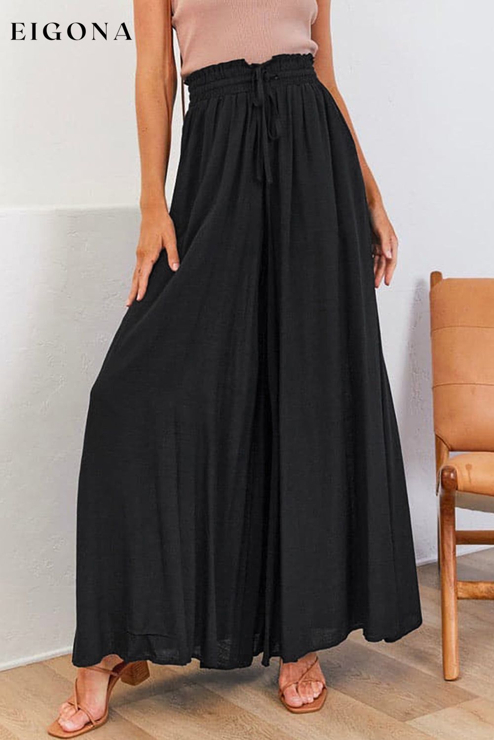 Black Drawstring Smocked High Waist Wide Leg Pants Black 100%Viscose All In Stock bottoms clothes clothing Occasion Vacation Print Solid Color Season Summer Silhouette Wide Leg Style Casual wide leg pants Women's Bottoms