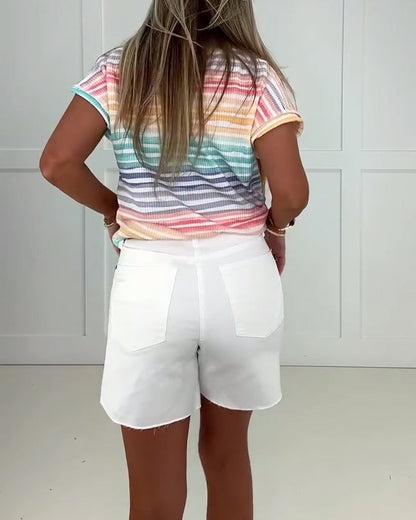 Rainbow Gradient Striped V-Neck Short-Sleeved Top