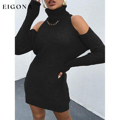 Cold Shoulder Turtleneck Sweater Dress Black clothes Romantichut Ship From Overseas