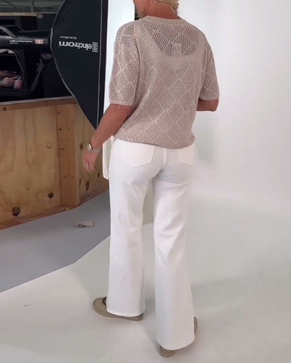 Round Neck Solid Color Hollow Pullover