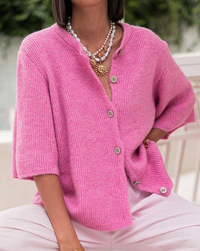 Solid Color Button-Front Short Sleeve Sweater Cardigan