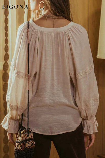 Beige Lace Patchwork Ruffled Drawstring V Neck Blouse All In Stock clothes Fabric Lace long sleeve shirt long sleeve shirts long sleeve tops Occasion Office Print Solid Color Season Fall & Autumn Season Spring shirt shirts Style Modern tops