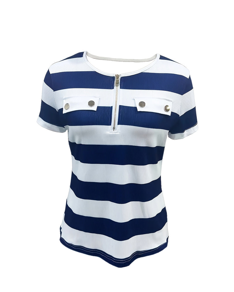 Half-Zip Button Striped T-Shirt