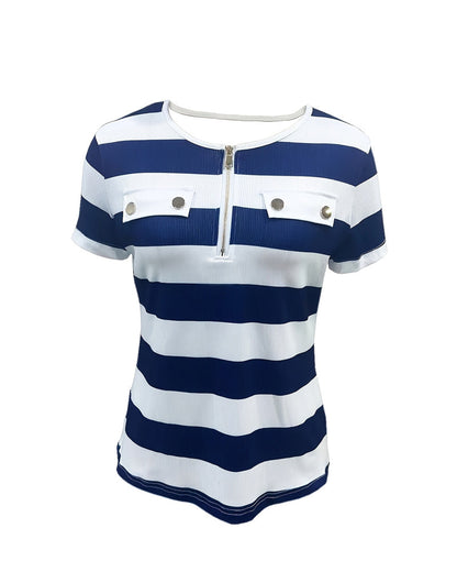 Half-Zip Button Striped T-Shirt