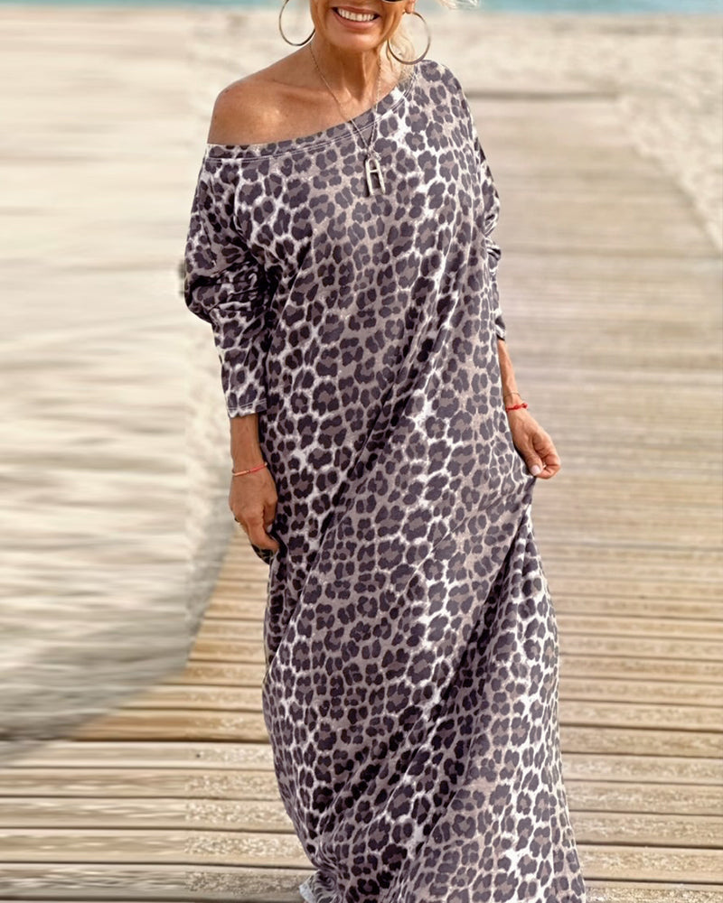 Casual leopard print one shoulder long sleeve loose dress 2024 f/w casual dresses