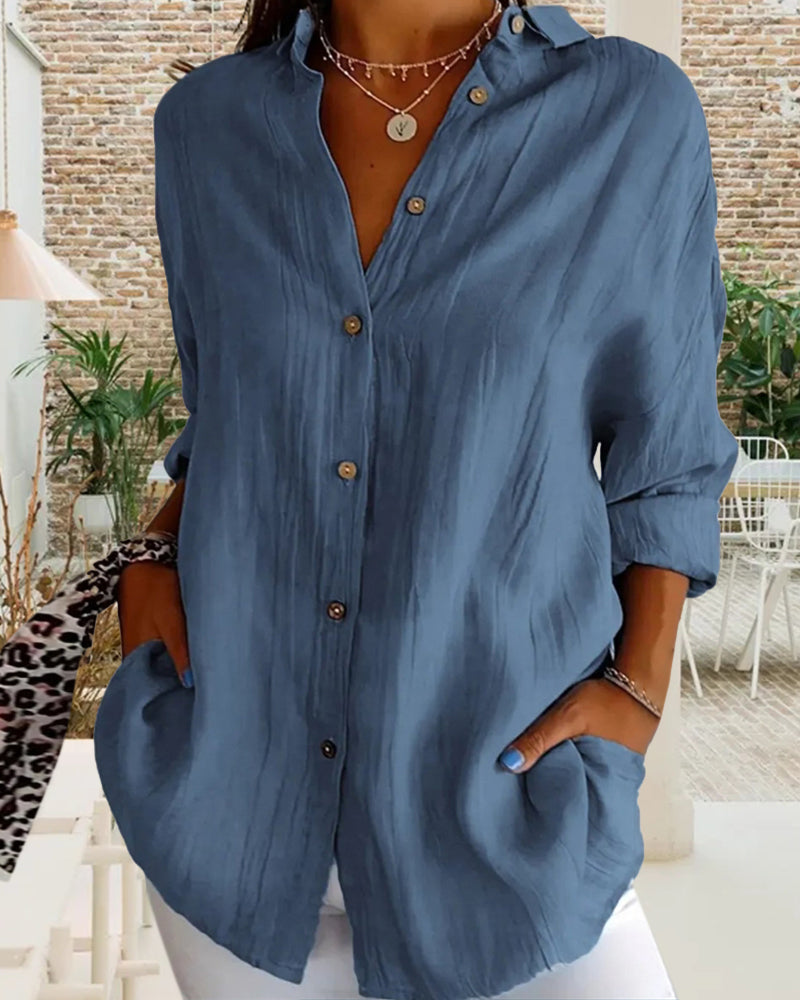 Casual solid color V-neck buttoned long-sleeve shirt 2024 f/w blouses & shirts spring