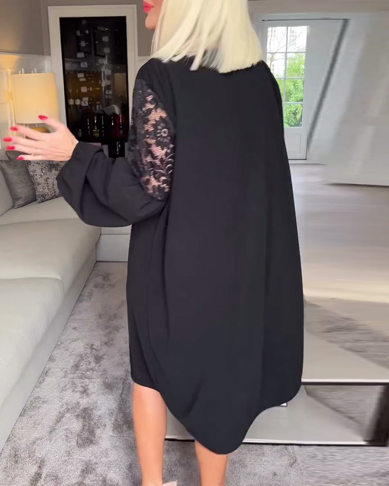 Elegant V-neck lace hollow long sleeve dress