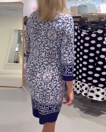 Three-Quarter Sleeve Slim Contrast Print Dress