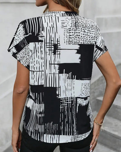 V-Neck Bat Sleeve Elegant Printed Blouse